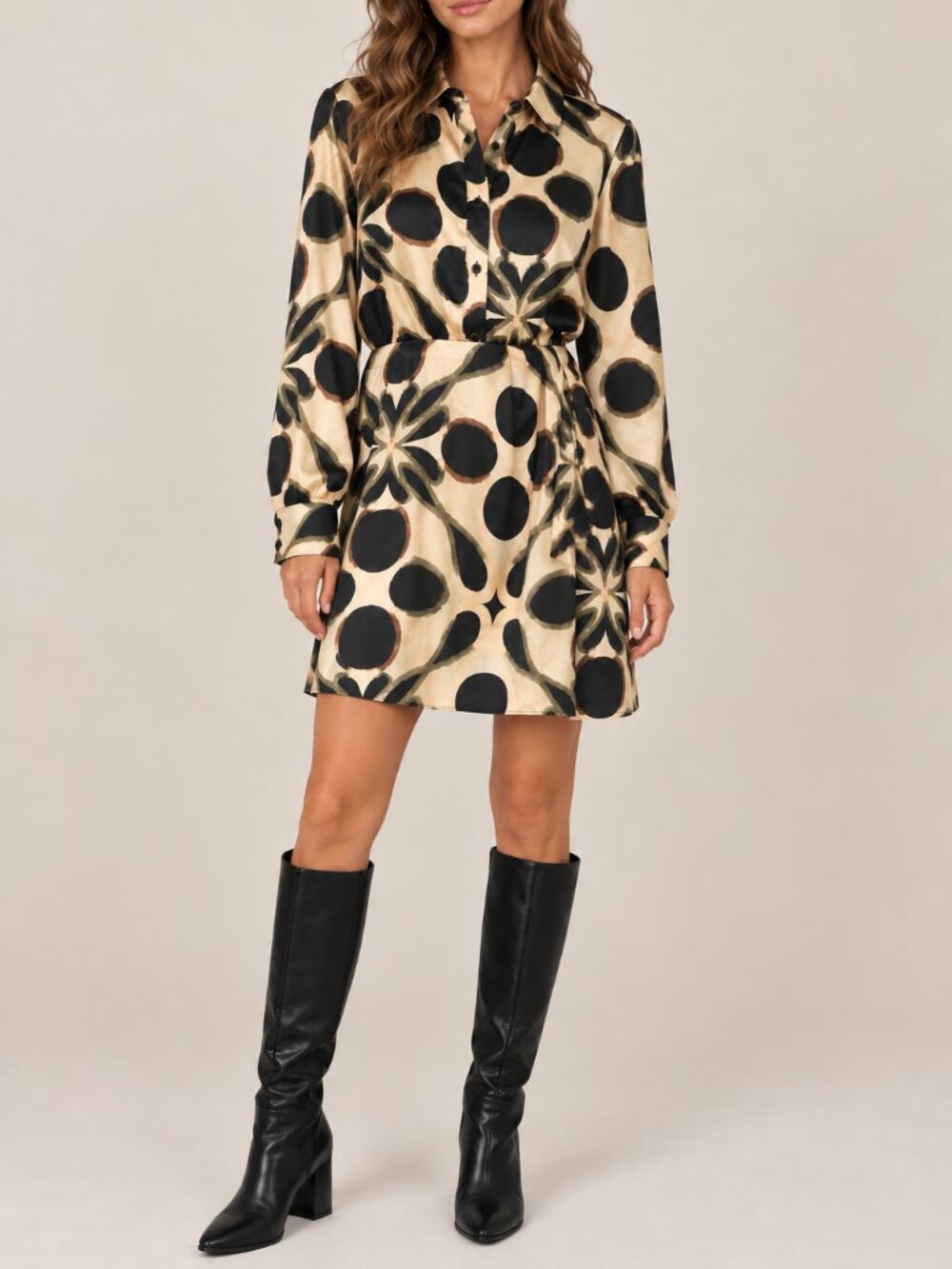 Zara Satin Abstract Retro Floral Polka Dot Mini Shirt Dress M
